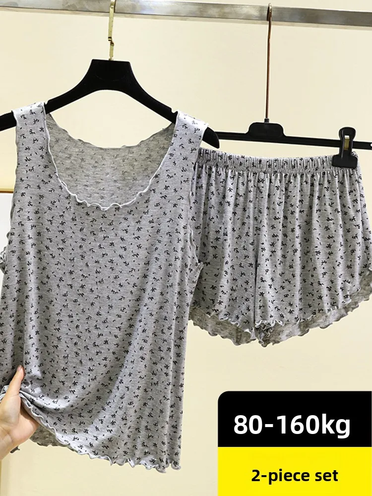 Women's Summer Lightweight Floral Modal Tank Top Shorts Sleepwear Set Loose Fit Bottoming Two-Piece Outfit Casual Style
