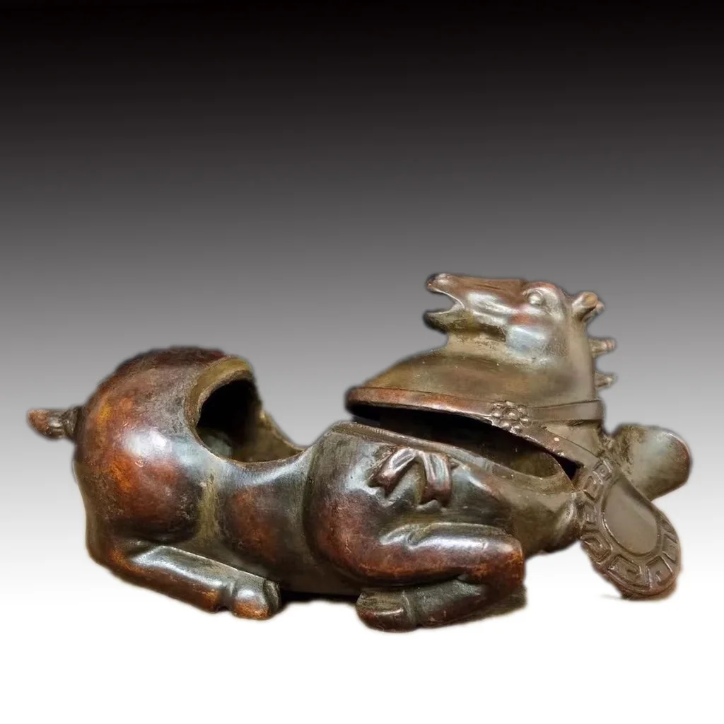 Ancient Chinese bronze and copper incense burner, Tang‑style horse statue, feng shui decorative collectible sculpture