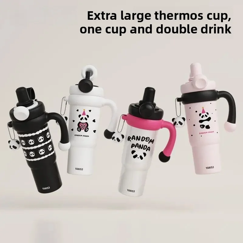 860ML Panda Double Drink Thermos Cup with Straw & Keychain,Cute Stainless Steel Thermos Cup Insulated Water Bottle for Kids