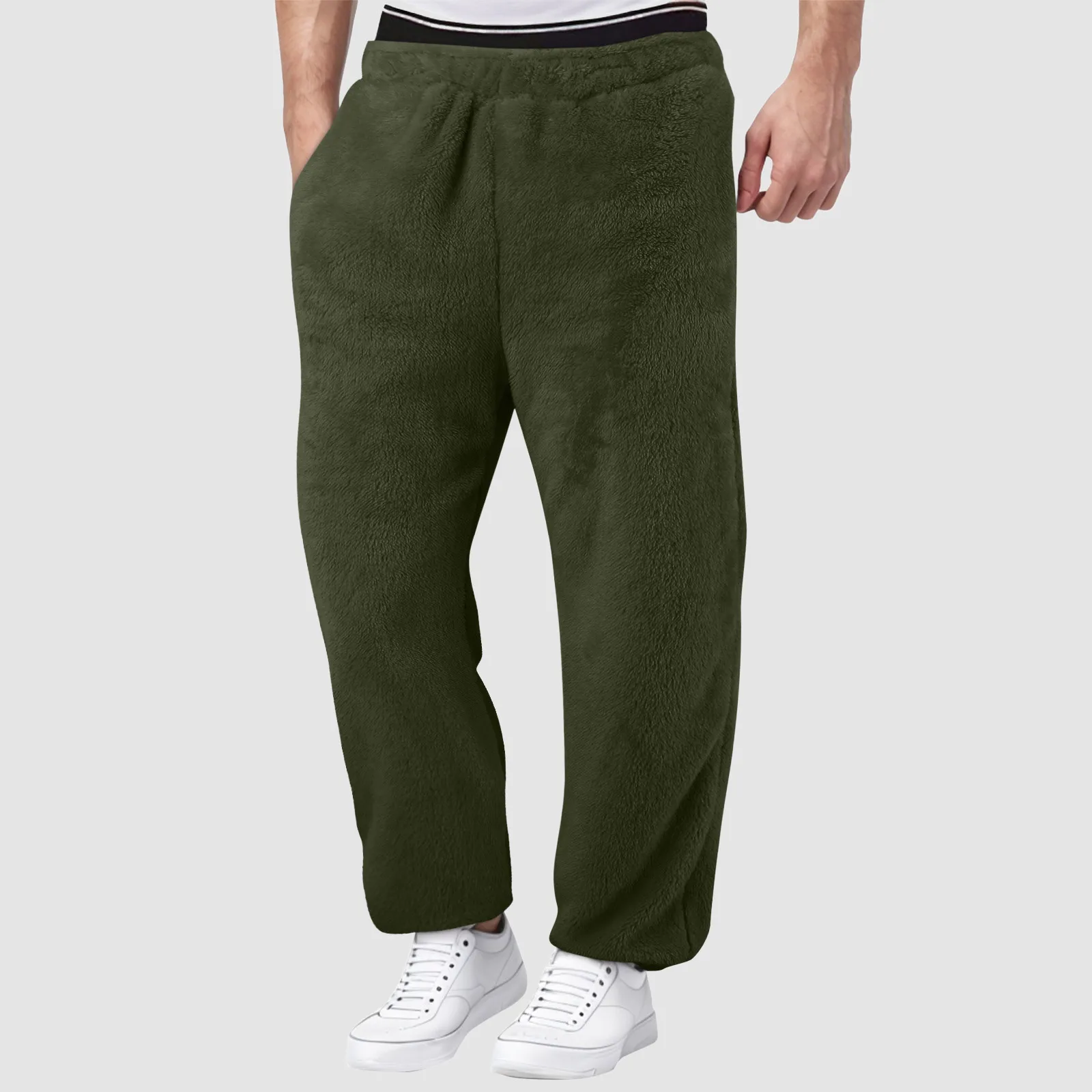 Pijamas forrados de lana para hombre, pantalones de chándal cálidos, pantalones casuales para correr, pantalones largos de entrenamiento de cintura alta con bolsillos