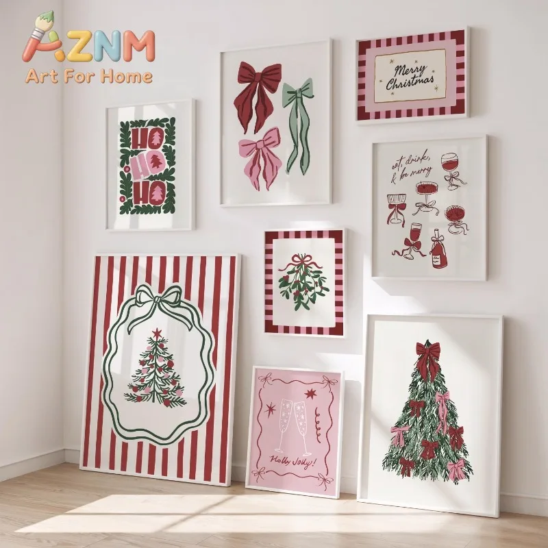 Cute Pink Red Christmas Gallery Wall Art Bow Xmas Tree Wine Mistletoe Festive Prints Holiday Room Decor Unframed Canvas Painting