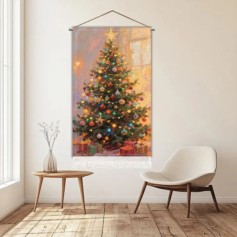 VIKAMA Oil Painting Xmas Tree Tassel Tapestry Christmas Gift Box Wall Hanging Home Bedroom Wall Decoration