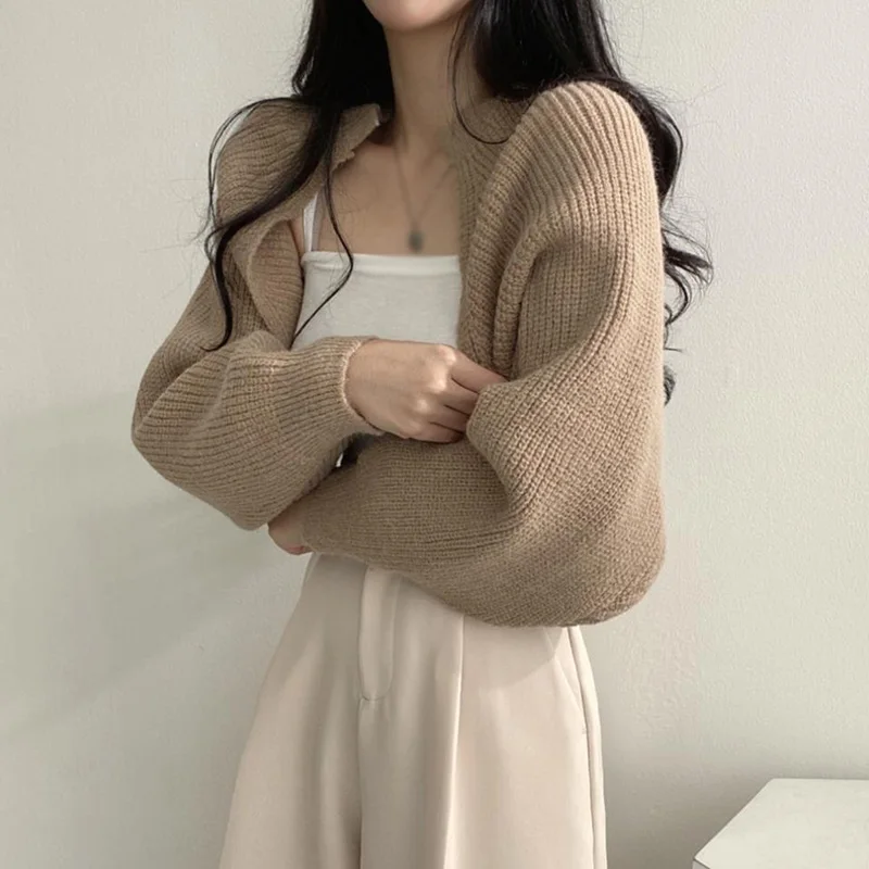 Solid Color Versatile Soft Short Women\'s Cardigan Lantern Sleeve Warm Sweater Knitted Autumn Fashion Shawl