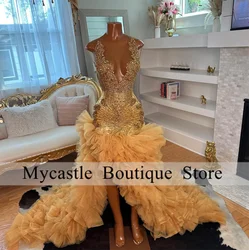 Luxury Gold Beaded Long Customized Prom Dress 2026 For Black Girl Crystals Ruffles Backless Evening Dresses Birthday Party Gowns