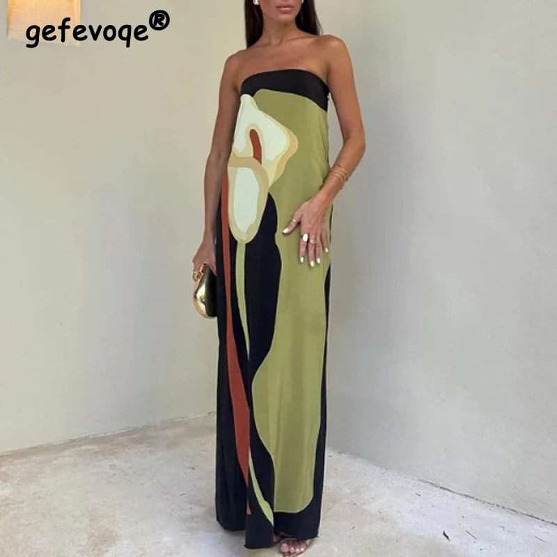 

Sexy Off Shoulder Strapless Slit Elegant Party Long Dresses for Women Summer Fashion Print Sleeveless Slim Beach Maxi Dress Robe