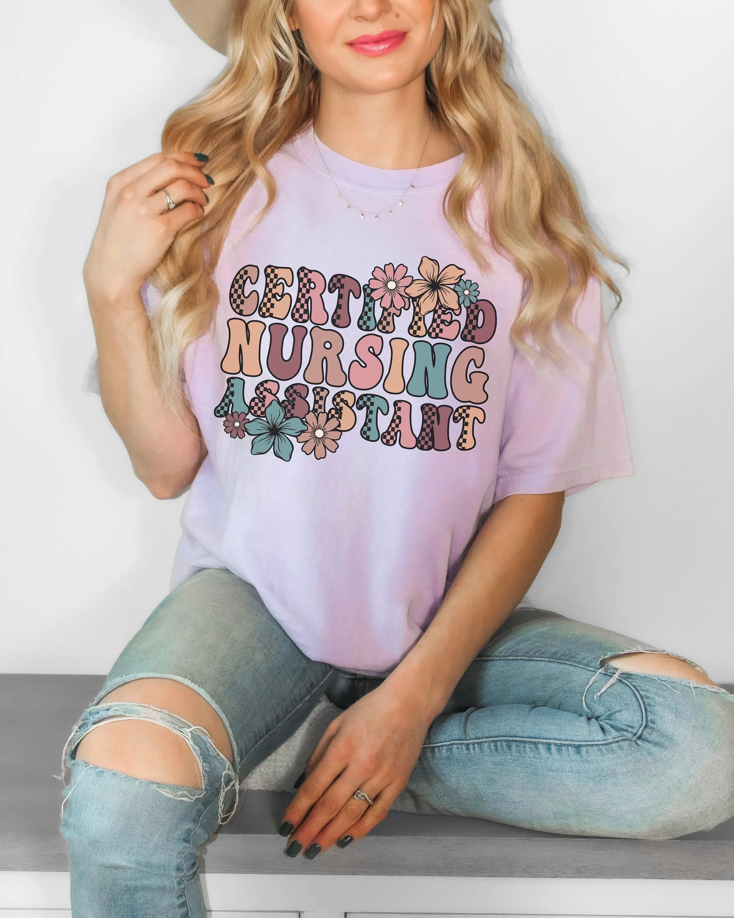 Comfort Colors Retro Certified Nursing Assistant T Shirt Groovy Cna Checkered Nurse Floral Top