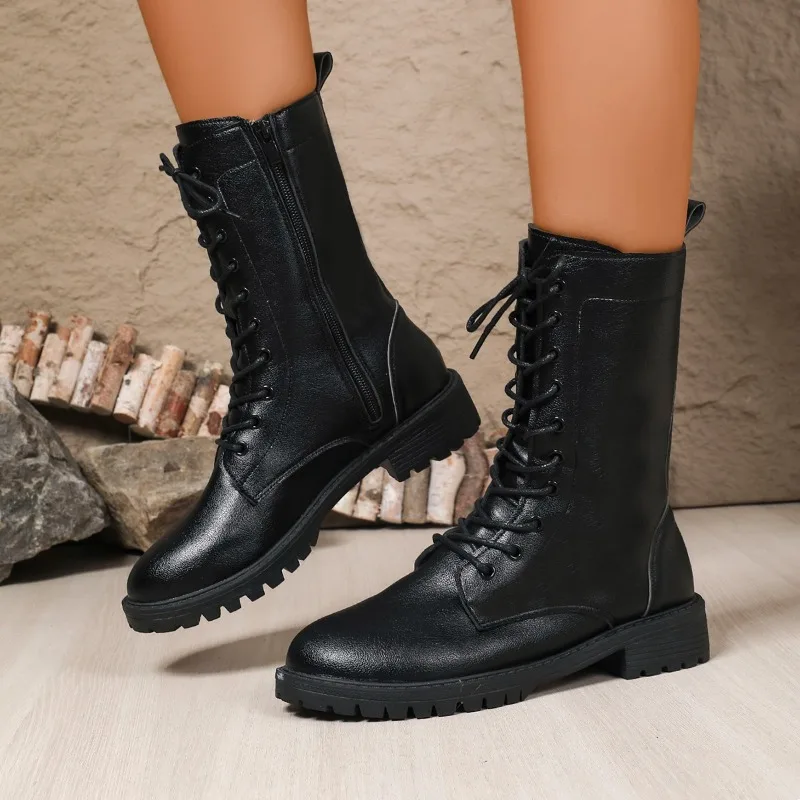 أحذية شتوية أوروبية وأمريكية بنمط جديد من الجلد الناعم الأصلي على الطراز البريطاني ونعل سميك وأربطة نعل متوسط للنساء #3