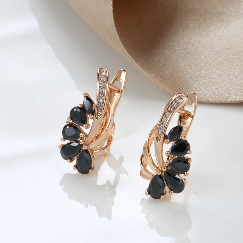 SYOUJYO Black Natural Zircon Flower Shape Earrings For Women Party Fine Jewelry Luxury 585 Rose Gold Color Fruit Drop Earrings