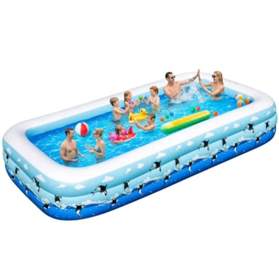 

Large inflatable swimming pool for backyard, garden, summer water party; PVC material, blue color, extra-thick durable walls an