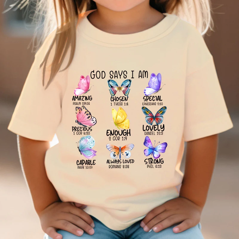 God Says I Am Special Print T Shirt Kids Crew Neck Short Sleeve T-shirt Watercolor Butterfly Boy Girls Casual Fashion Streetwear