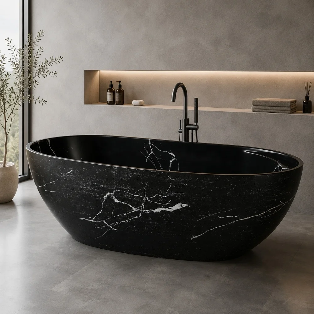 #￥Solid Surface Freestanding Bathtub Artificial Stone Bathtub Stone Resin Soaking Tub Black Bathroom Tub Custom OEM Manufacturer