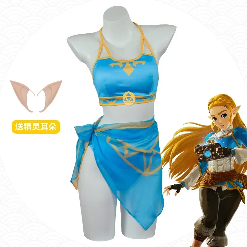 Summer Swimwear Zelda Sexy Swimsuit Cosplay Zelda Ears Golden Straight Wig Soft Blue Bikini Set COSPLAY Princess Zelda Swimsuit