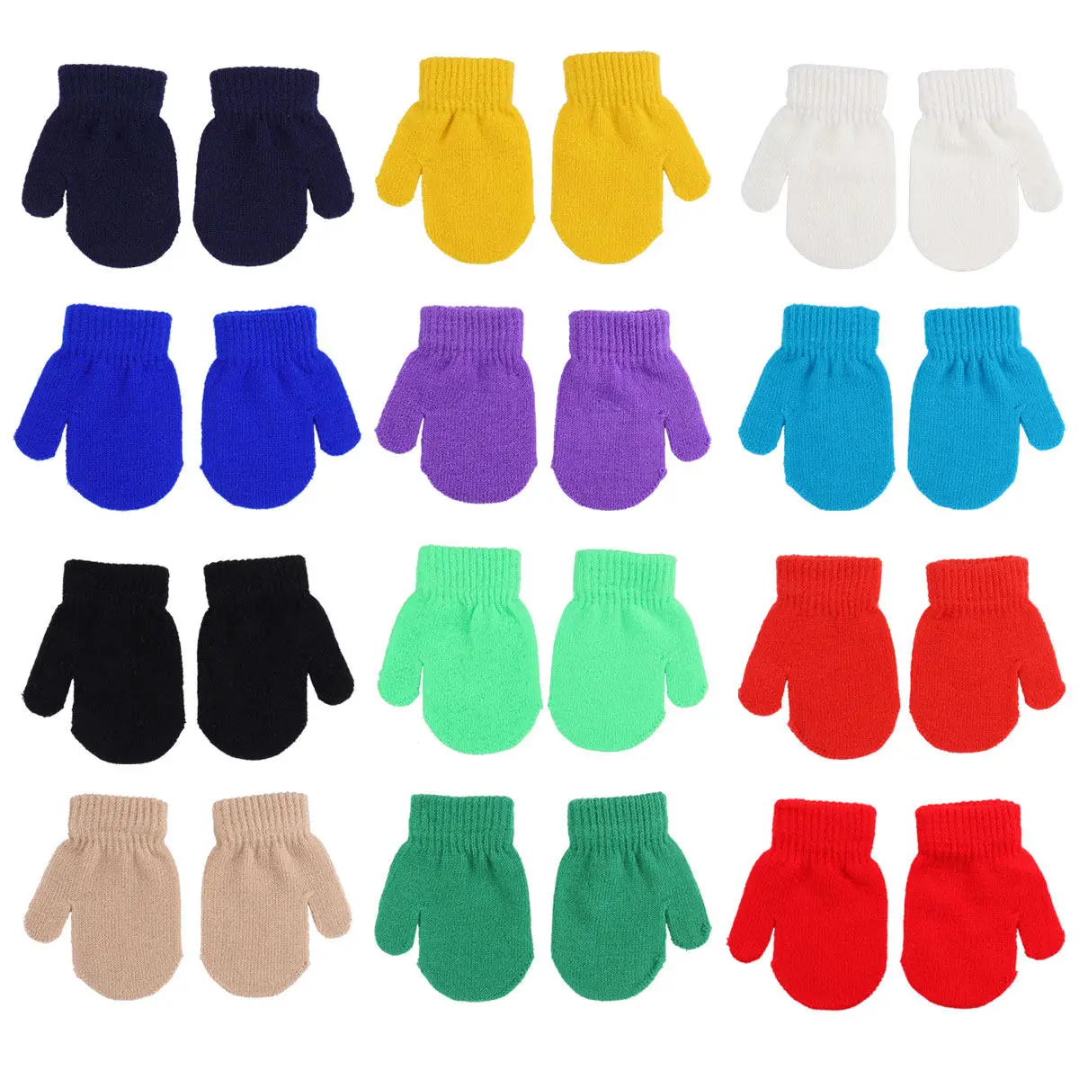 

12Pairs Kids Mitten Winter Warm Gloves Acrylic Knitted Solid Color Comfortable Light Full Coverage for Boys Girls