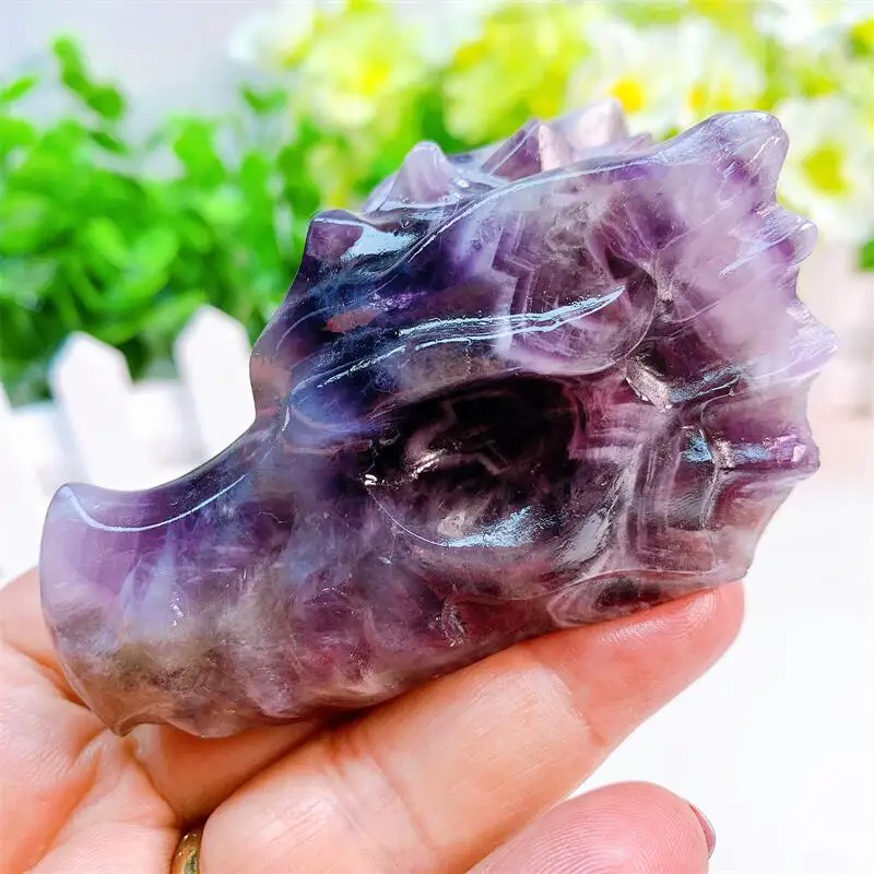 Natural Dream Amethyst Dragon Head Skull Healing Polished Quartz Crystal Figurine Holiday Gift Home Room Decoration 1PCS