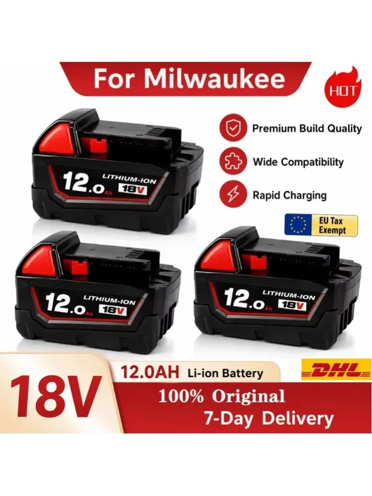 Für Milwaukee M18 12,0Ah Akku 18650 Hochkapazitäts-Hochleistungs-Lithium-Ionen-Akku, Geeignet für Kabellose Elektrowerkzeug-Batterien