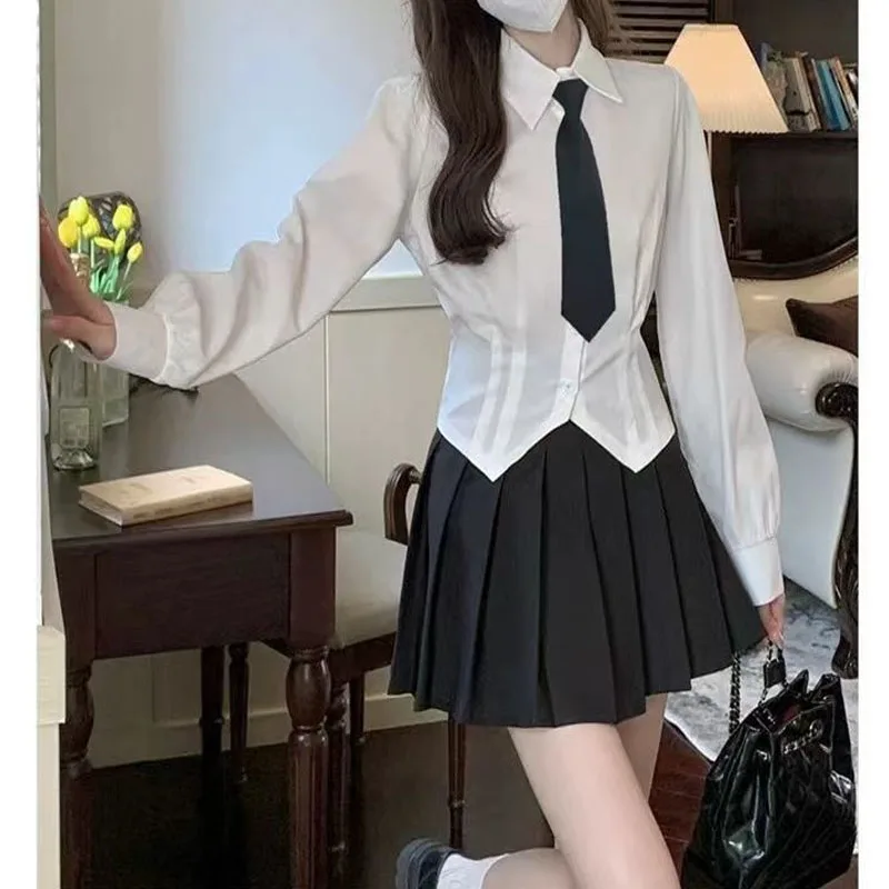 Turn Down Collar Chic Slim Tighten the Waist Short Shirt Especially Black Bow Tie Puff Sleeve Preppy Style Women Cotton Youth