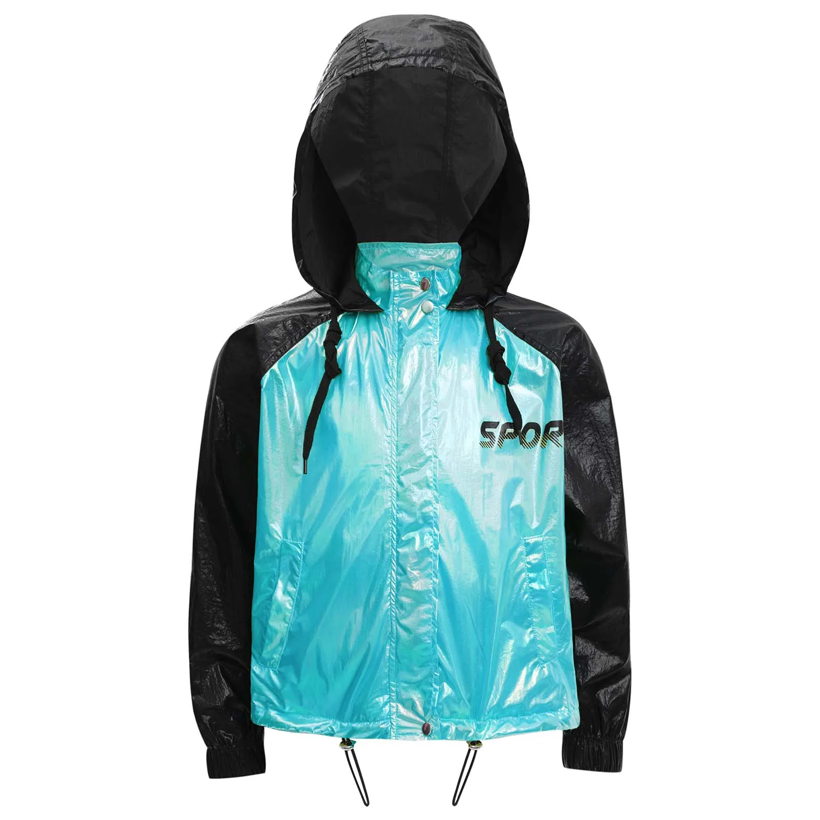 

Girls Metallic Glossy Sports Hooded Sweatshirt Jacket Long Sleeve Zipper Coat Running Skateboarding Hip Hop Dance Streetwear
