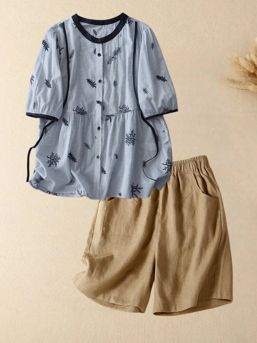 

Летний антивозрастной комплект из хлопка и льна: рубашка и шорты в полоску с коротким рукавом, женский модный корейский стиль, дышащий.