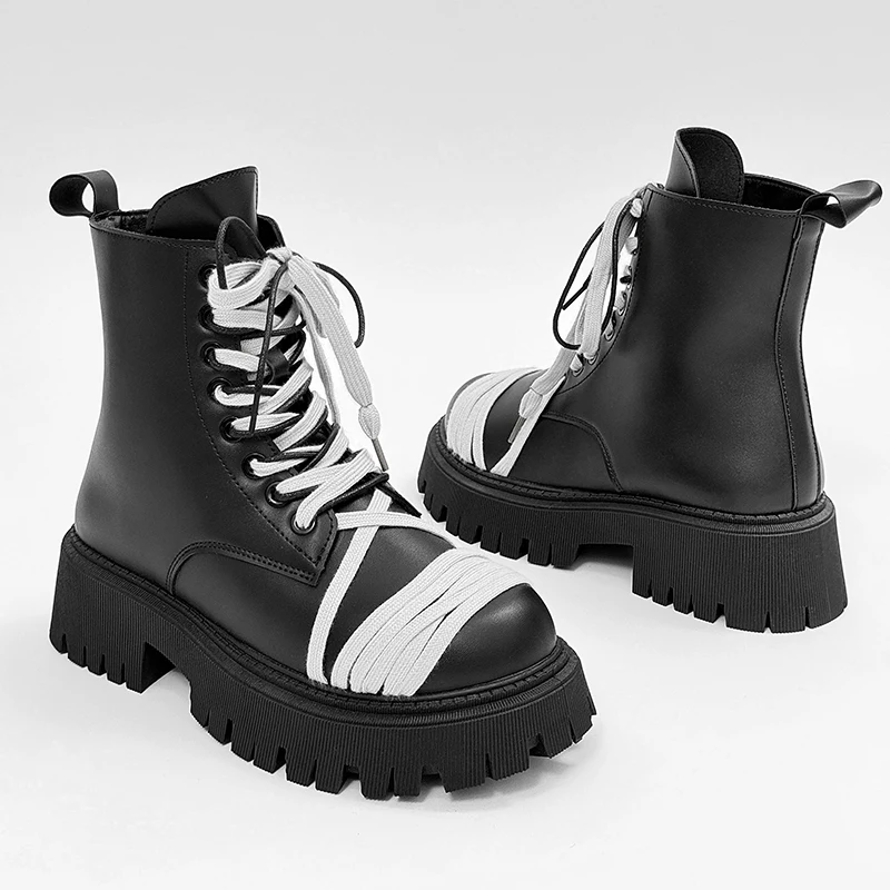 

Street Style Men's Motorcycle Boots Lace-up Design Leather Boots Men Comfort Platform Bikers Boots For Man High Top Work Shoes