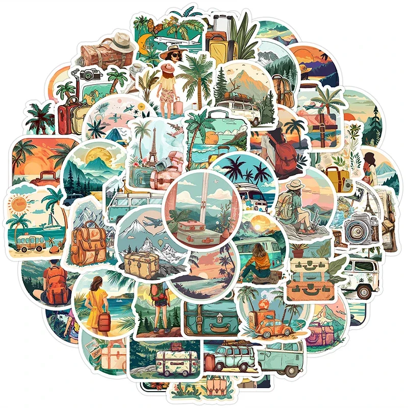 50Pcs World Travel Stickers Pack, Outdoor Adventure Hiking Camping Themed Waterproof Vinyl Decal for Luggage Water Bottle Laptop