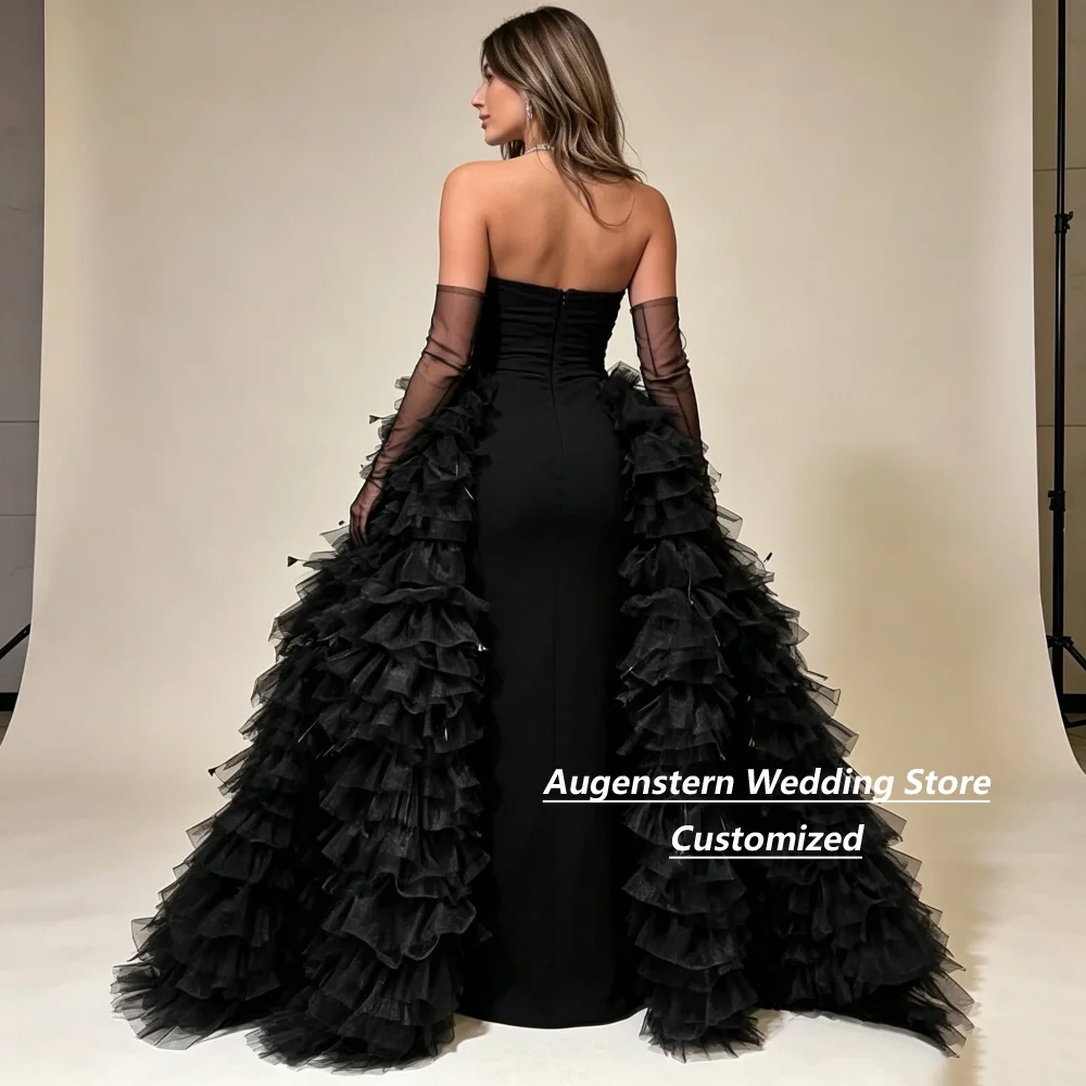 Customized Black Strapless Evening Dress Stretch Satin With Multi Layer Ruffled Glitter Tulle Evening Dresses For Women