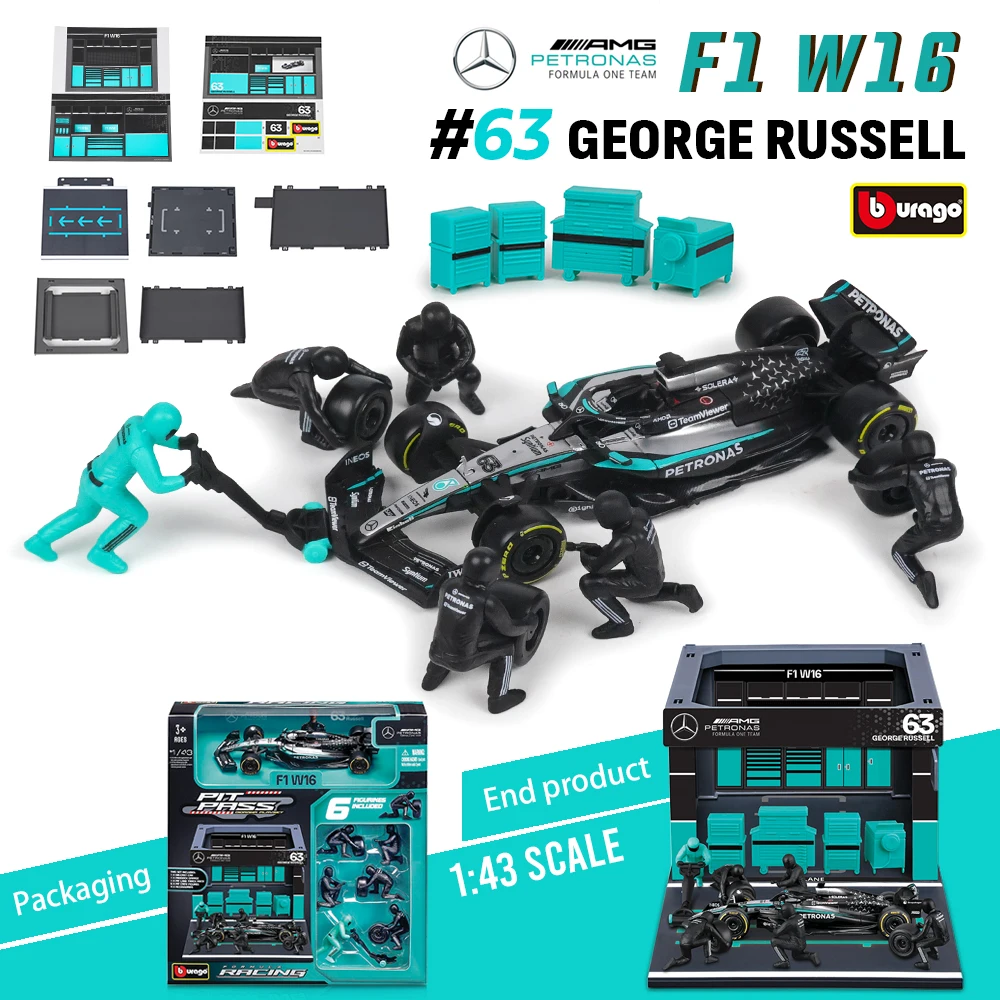 bburago-1-43-2025-f1-mercedes-benz-w16-63-george-russell-12-kimi-antonelli-diy-pit-house-alloy-luxury-die-cast-car-model-toy