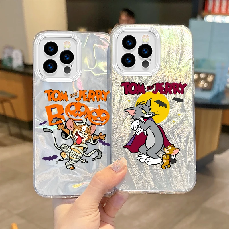 Halloween Pumpkin T-Tom And J-Jerry Phone Case for iPhone16 15 14 13 12 11 8 7 6 Pro Max Plus XS XR Gradient Non-Slip Back Cover