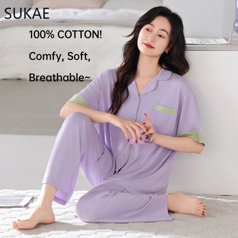 

Женские пижамы высокого качества из 100% хлопка, лето-осень 2022, новые кардиганы с короткими рукавами и длинными низами, одежда для сна, хлопковые пижамы