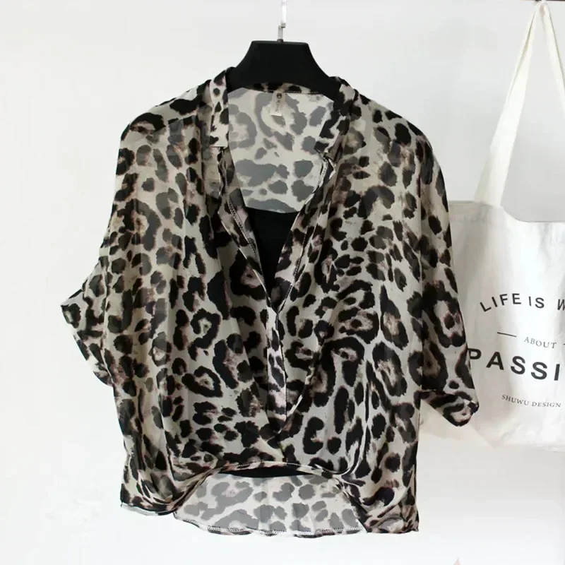 Casual Sexy Stripe Clothes Leopard Chiffon Shirt Two Piece Set Tops Holiday Summer Half Sleeve Loose V-Neck Women Blouse 19483