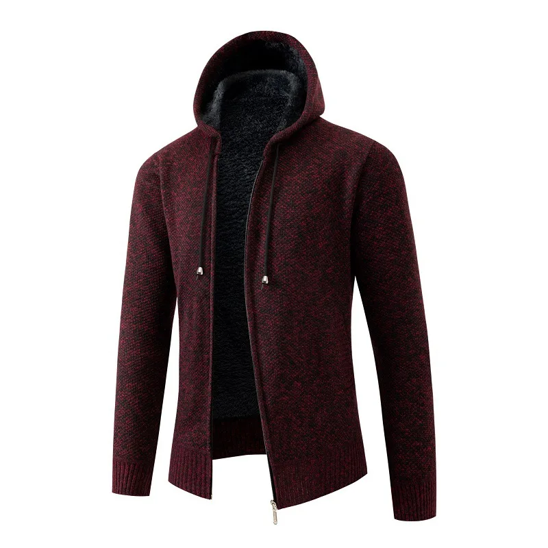 2024 Winter Men\'s Hooded Coat Simple Long Sleeved Sweater Plush Casual Coat Hooded Zippered Cardigan