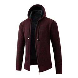 2024 Winter Men's Hooded Coat Simple Long Sleeved Sweater Plush Casual Coat Hooded Zippered Cardigan