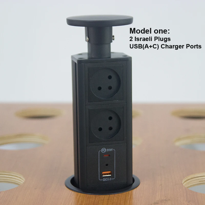 Israeli Hexagon Plugs Socket + USB(A+C) Charging Ports PD20W Kitchen Hidden Desktop Power Pop Up Outlets Lifting Black