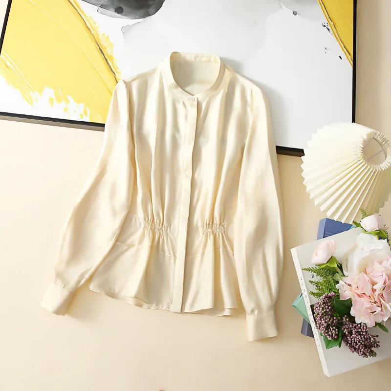 

Birdsky, 1PC Women long sleeve shirt blouse office lady top stand collar buttons 100% natural mulberry silk twill solid, S-604