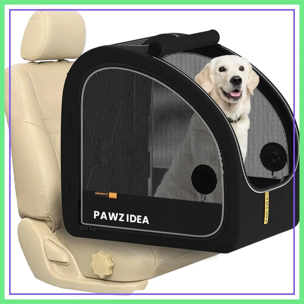 

Portable Dog Crate for Car Travel, Collapsible Pet Crates for Medium & Large Dogs, Enclosed Soft-Sided Car Kennel Carrier for Backseat, Secures w/Seatbelt & Headrest Strap, Chew-Proof