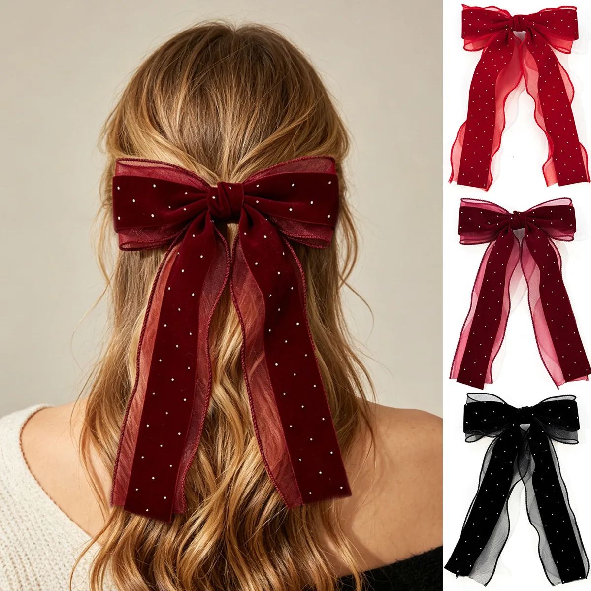 24pc Polk Dot Long Tassel Bow Hair Clips for Women And Girls Organza Velvet Bow Barrettes with Long Tails Kid Headwear Hairgrips