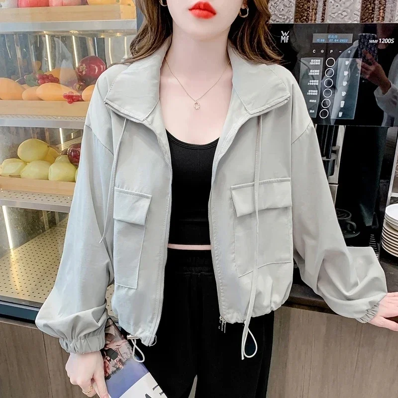 

Short Jackets 2025 New Spring Autumn Women's Tooling Jacket Pockets Turndown Collar Zipper Long Sleeve Drawstring Casual Tops