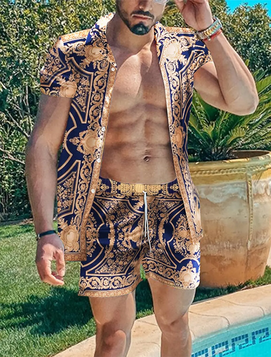 Set di camicie da uomo Modello a righe classico retrò Modello a colori Comodo stile ampio da spiaggia alla moda per le vacanze nella giungla tropicale