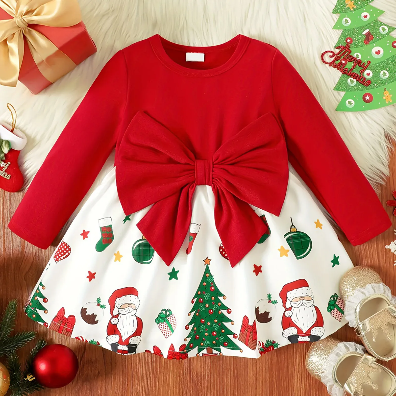 

Christmas Dress for Girls Santa Claus Graphic Bowknot Design Splice Long-sleeve Toddler Girl Dresses New Year Xmas Red Dresses