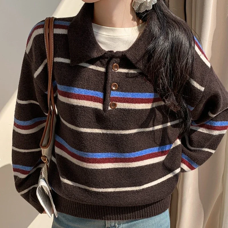 

Винтажный полосатый свитер, женский осенне-зимний свитер, женские корейские повседневные вязаные джемперы с длинными рукавами, топы, новинка 2025, ZT319