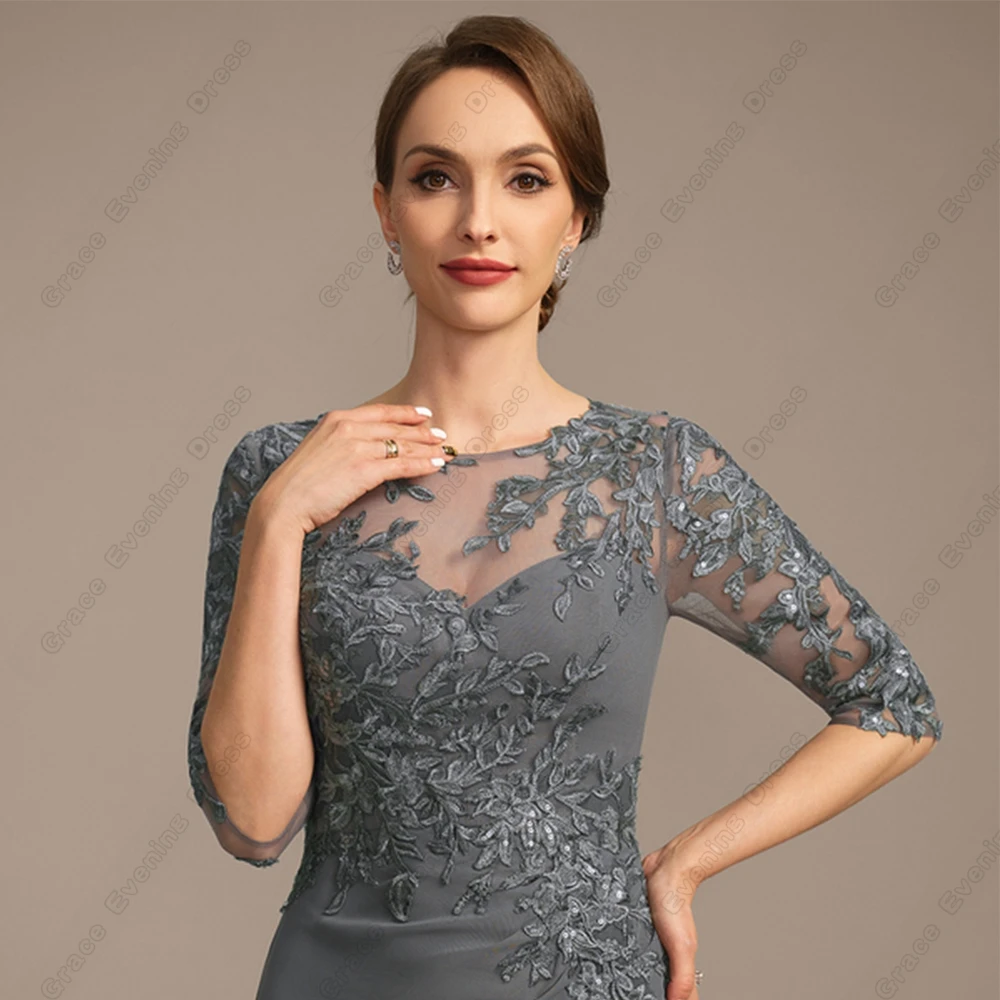 Grey Half Sleeve Mother of Bride Dresses with Lace 2024 Summer Beach Wedding Party Dresses Chiffon Vestido De Novia Zipper Back