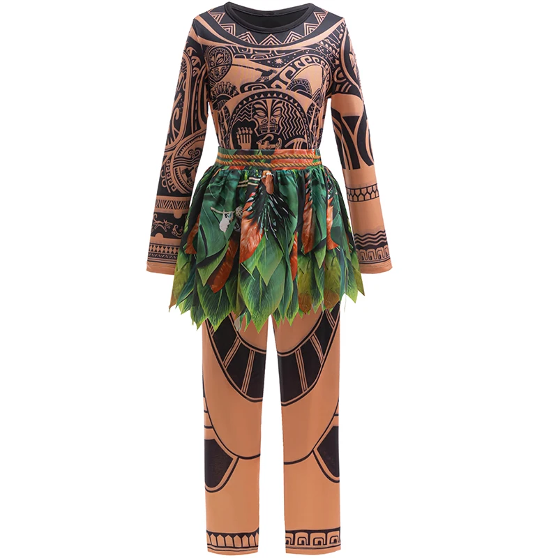 Kids Boys Tribal Outfit Fake Print Green Leaf Skirt Tattoo Top+Pants For Maui Cosplay Costume Halloween Carnival Performances