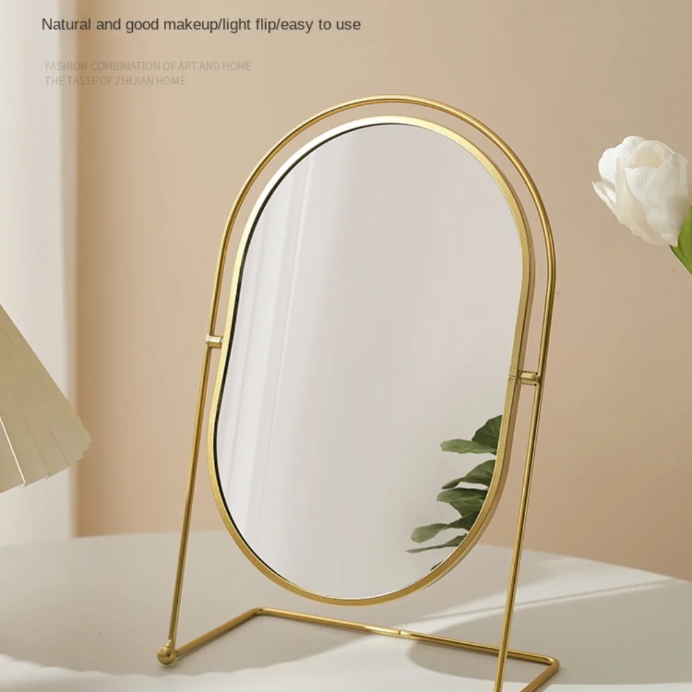 Iron Art Nordic Makeup Mirror 360° Rotatable Oval Desktop Stand Mirror Decoration High Definition Vanity Mirror Makeup Tools