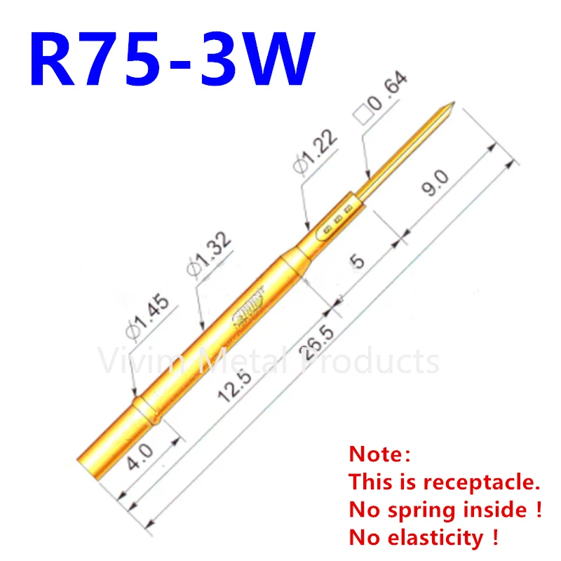 100PCS R75-3W Test Pin P75-B1 Receptacle Brass Tube Needle Sleeve Seat Wire-wrap Probe Sleeve Length 26.5mm Outer Dia 1.32mm