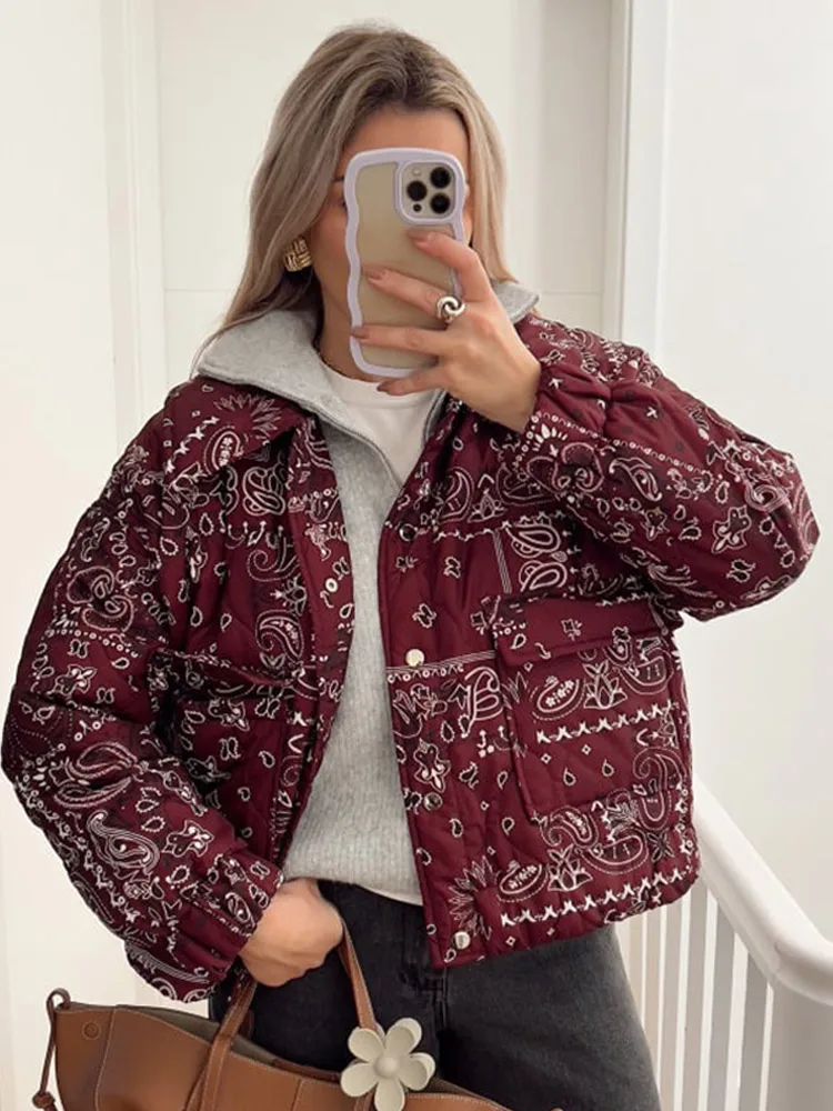 Christmas Fashion Printed Lapel Collar Warm Cotton Jacket Chic Loose Long Sleeve With Pocket Coats Winter New Female Streetwear