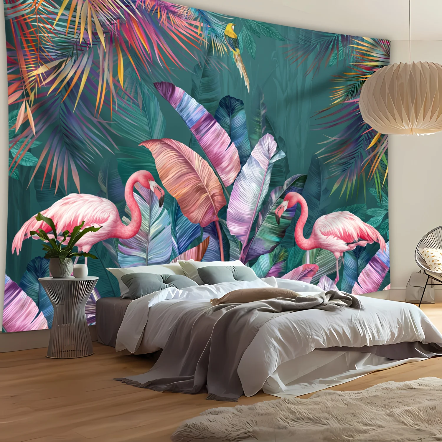 Pink Flamingo Tapestry, Tropical Banana Leaves and Parrot Wall Hanging, Boho Jungle Art for Bathroom Living Room Decor