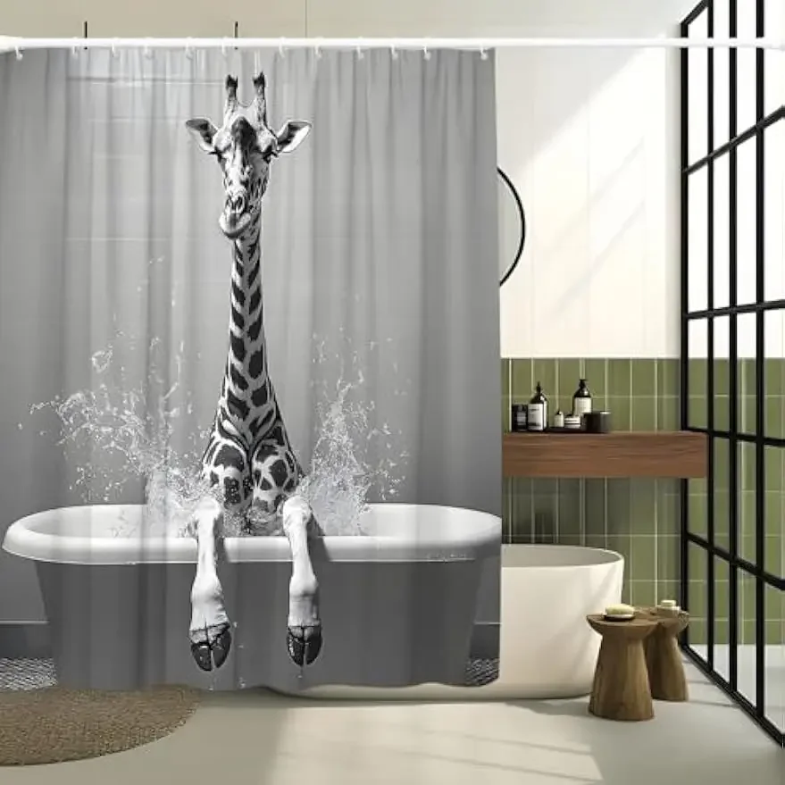 The Cute Giraffe Is Sitting In The Bathtub And Taking a Bath  Animals Wildlife Vintage   Fabric Bathroom Decorative Curtain