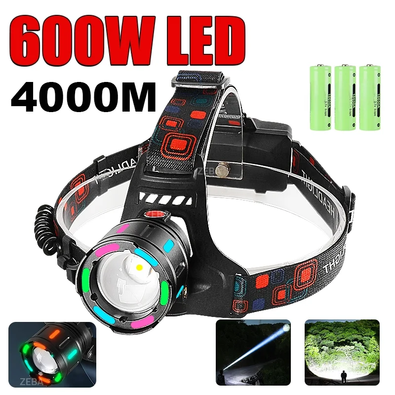 

600W LED Headlamp Most Powerful Long Range Head Flashlight Rechargeable Lamp Outdoor Fishing Lantern Waterproof Headlight Patrol