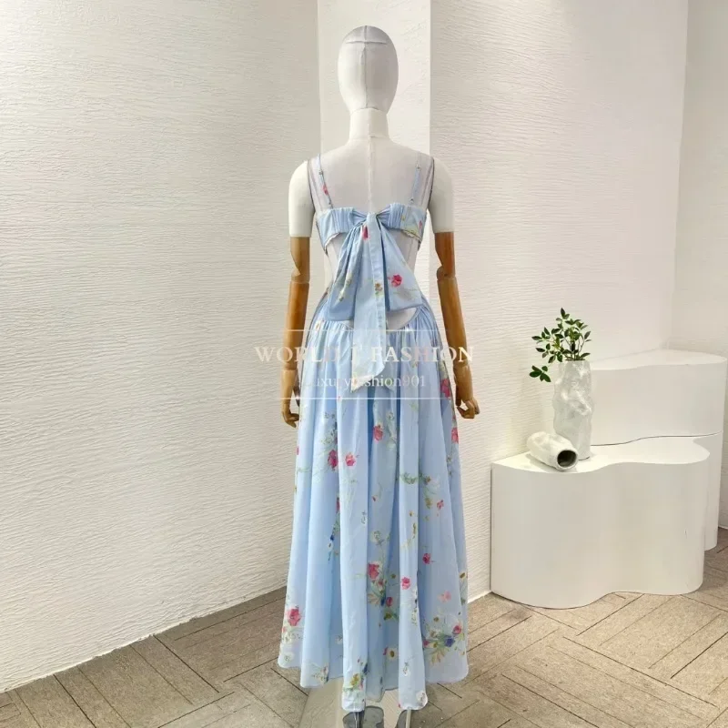 Robe mi-longue bleue élégante à imprimé Floral pour femmes, sans manches, avec nœud Spaghetti découpé, été, 2025