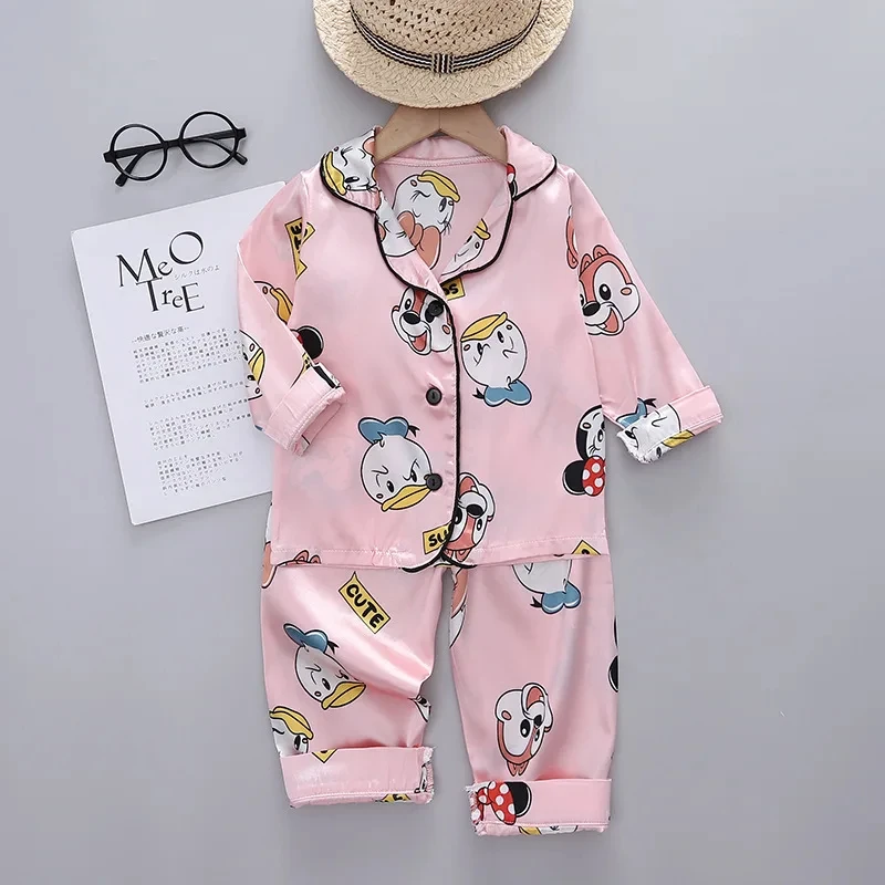 Girls Satin Pajama Set Children Spring Lapel Neck Long Sleeve Sanrio Hello Kitty Print Top+Trousers 2Pcs Kids Minnie Sleepwear