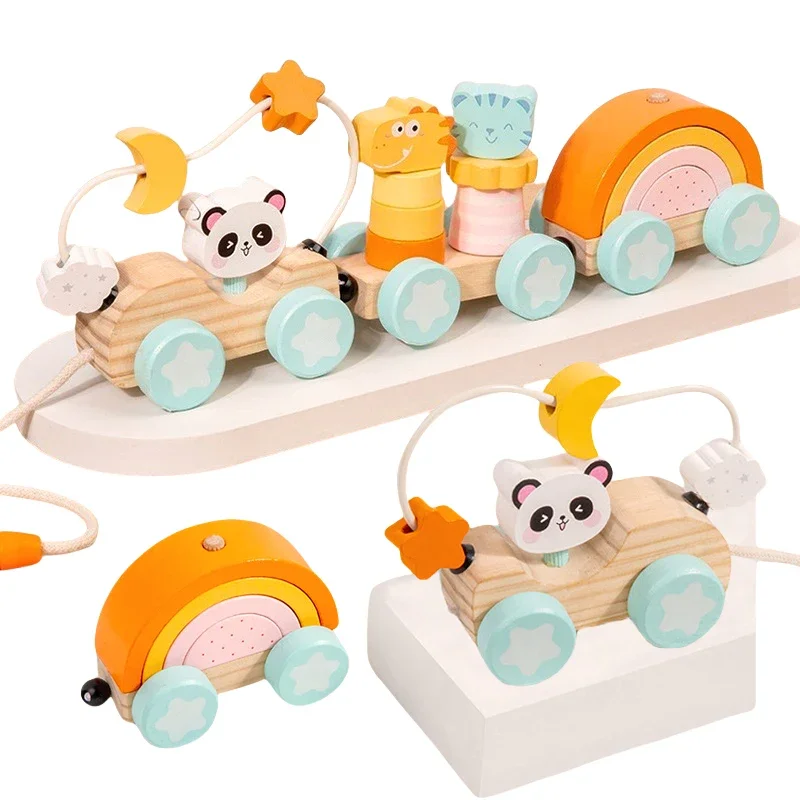 

Wooden Train Toys Montessori Educational Development Sorting Stacking Block Bead Maze Animal Train for Toddlers